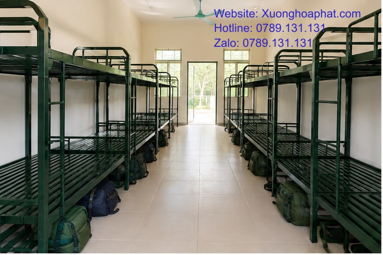 Cách Chọn Giường Tầng Quân Đội Cho Trại Hè 2 Bố trí giường tầng quân đội cho trại hè với lối đi thông thoáng