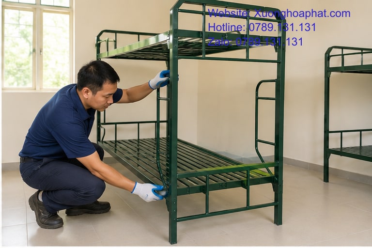 Cách Chọn Giường Tầng Quân Đội Cho Trại Hè 3 Kiểm tra mối nối và lan can giường sắt quân đội màu xanh rêu