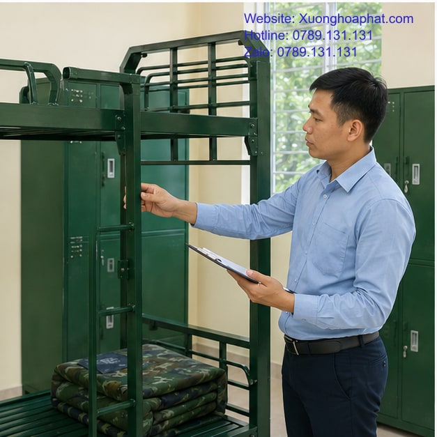Cách Chọn Giường Tầng Quân Đội Cho Trường Nội Trú 4 Cán bộ kiểm tra giường tầng quân đội trong phòng nội trú