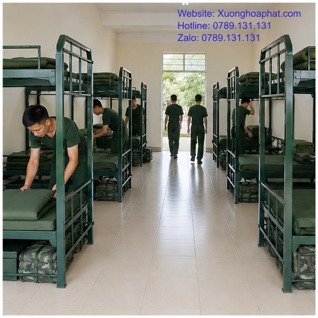 Giường Tầng Trung Tâm Huấn Luyện: Cách Bố Trí 2 Giường tầng trung tâm huấn luyện và lối đi giữa phòng