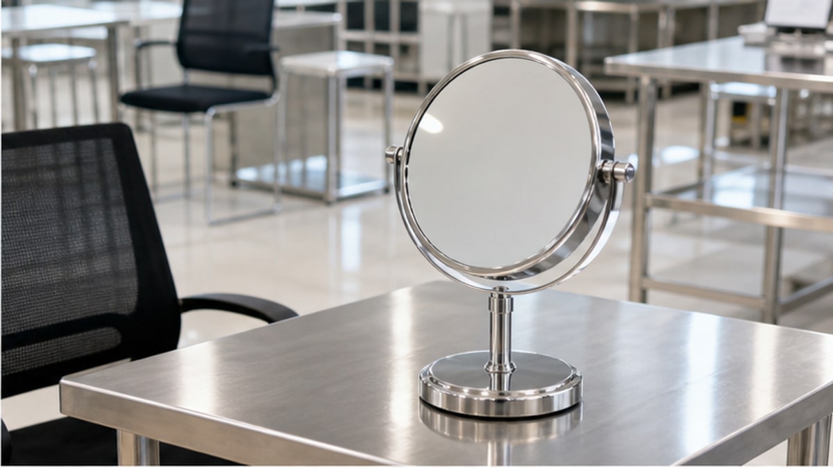 gương inox để bàn đặt trên bàn inox trong showroom