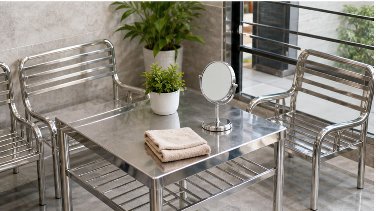 gương inox để bàn phối với bàn ghế inox phòng khách