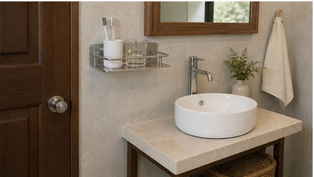 Kệ để bàn chải inox 304 trong khu vệ sinh homestay gọn gàng