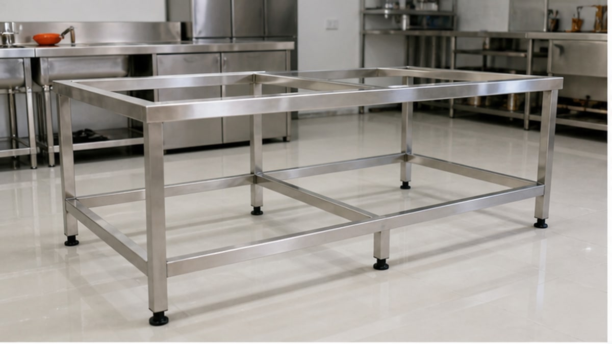 Khung bàn bếp bằng inox trong khu bếp sạch và gọn