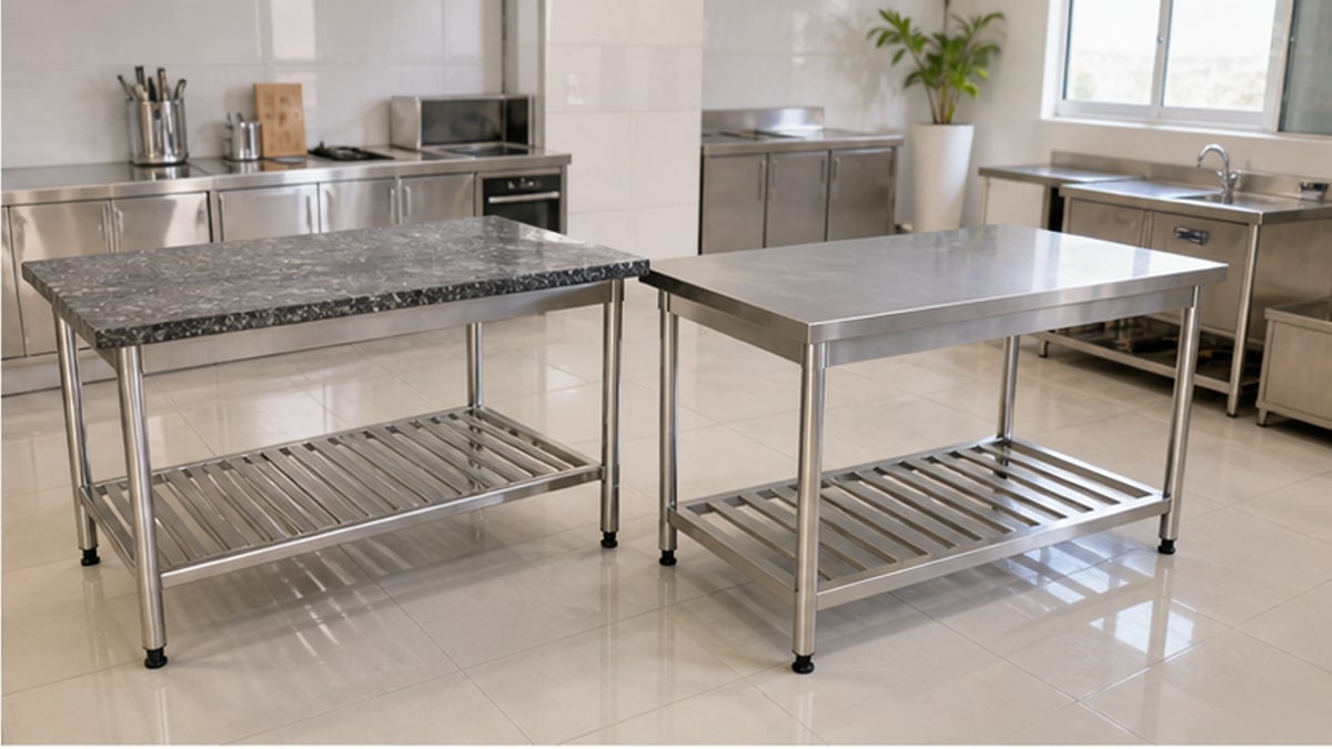 Bàn bếp khung inox mặt đá và mặt inox trong không gian bếp