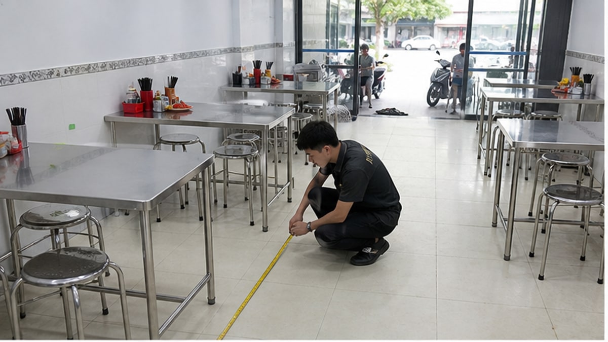 Đo kích thước bàn inox chữ nhật trong quán ăn