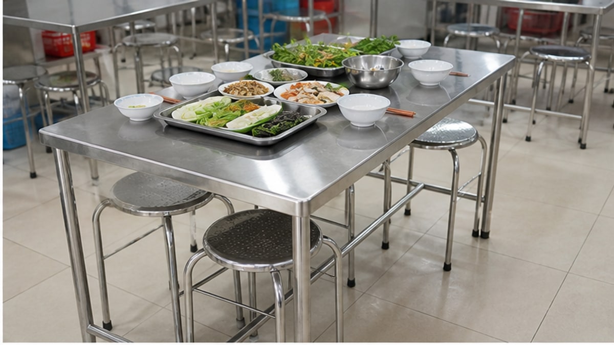 Bàn inox chữ nhật có mặt bàn đủ rộng cho căn tin