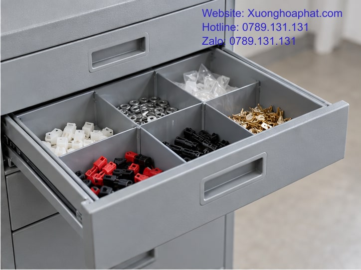 Lòng ngăn kéo chia ô cho vòng đệm và đầu nối nhỏ.