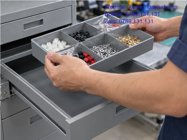 Thử khay đựng linh kiện trong một ngăn kéo sắt.