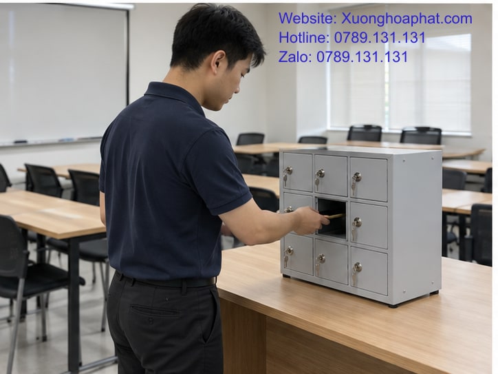 Kích Thước Tủ Đựng Điện Thoại: Đo Ngăn, Thân Và Khoảng Mở 4 Người dùng lấy điện thoại ở tủ nhỏ với khoảng đứng thao tác thông thoáng