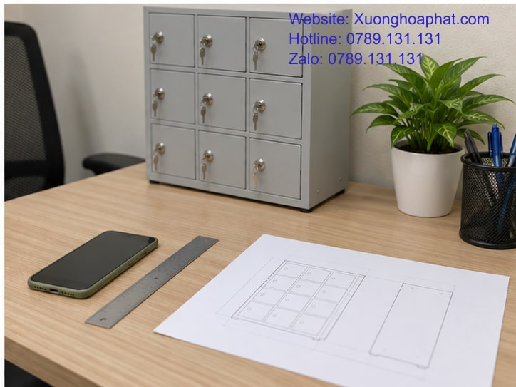 Kích Thước Tủ Đựng Điện Thoại: Đo Ngăn, Thân Và Khoảng Mở 5 Đối chiếu điện thoại có ốp với bản vẽ tủ và thước trên bàn