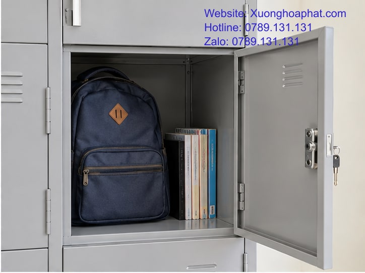 Kích Thước Tủ Sắt Học Sinh Theo Tầm Với Và Đồ Mang Đến Lớp 3 Ba lô và sách trong ngăn tủ sắt học sinh đang mở.