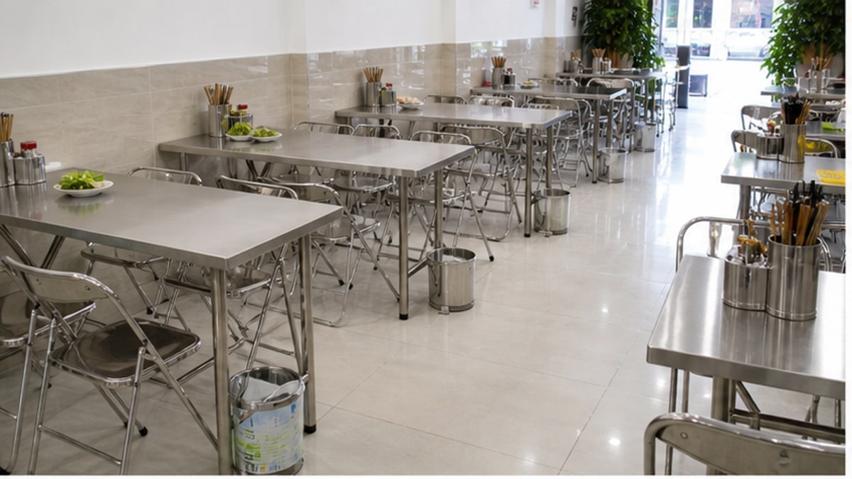 Mặt bàn inox chữ nhật trong quán ăn sạch gọn
