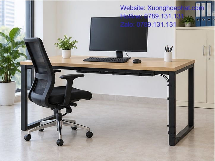 Mẫu Bàn Sắt Đẹp Văn Phòng: Phối Màu Và Dáng Chân Bàn 4 Bàn chân sắt văn phòng có màn hình ghế làm việc và dây được gom gọn
