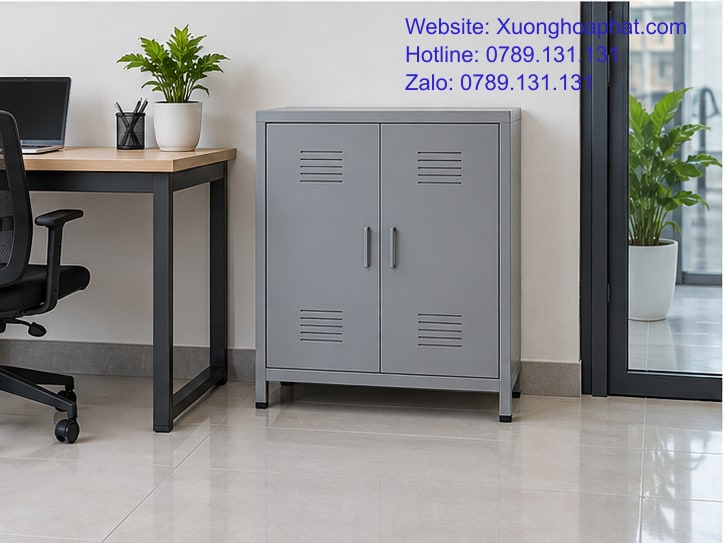 Mẫu Tủ Để Giày Sắt Đẹp: Phối Màu Và Nhịp Cánh Cho Sảnh 4 Tủ giày sắt phối cùng bàn chân kim loại tại văn phòng