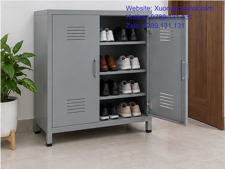 Mẫu Tủ Để Giày Sắt Đẹp: Phối Màu Và Nhịp Cánh Cho Sảnh 5 Tủ để giày sắt mở cánh lộ khay và giày bên trong