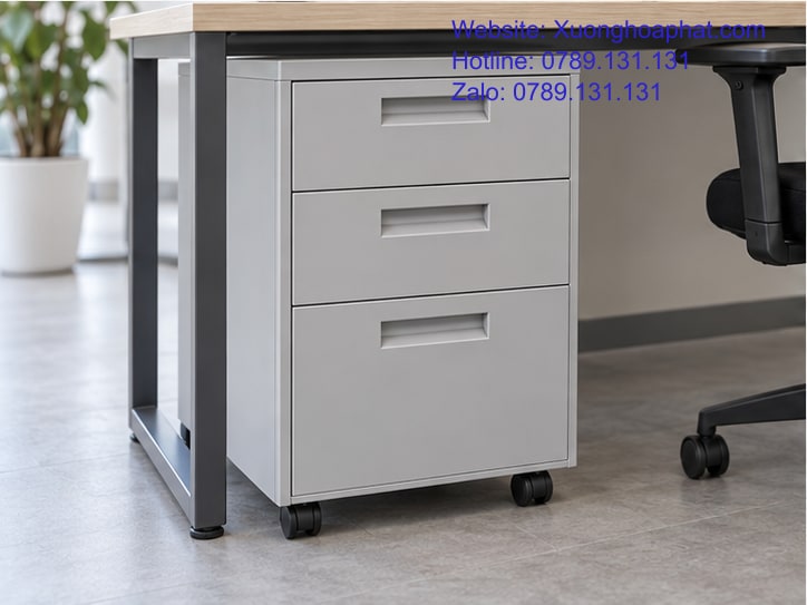 Mẫu Tủ Ngăn Kéo Sắt Bàn Làm Việc: Đặt Dưới Hay Cạnh Bàn? 4 Mặt tủ ngăn kéo sắt màu xám cạnh bàn gỗ sáng