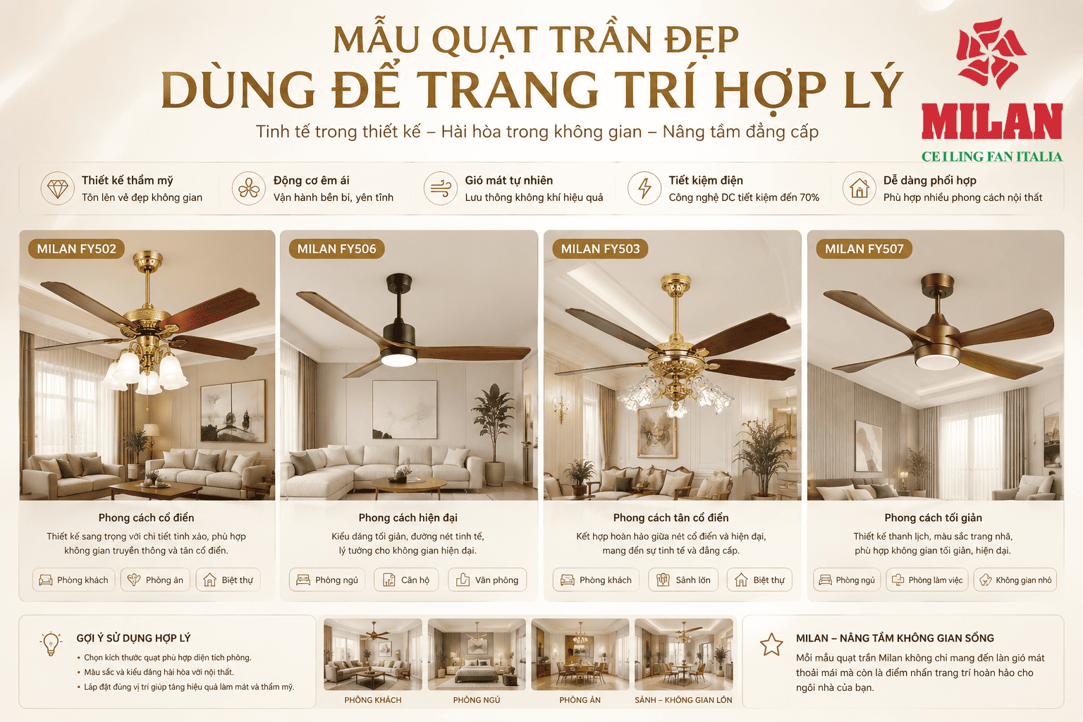 Quạt Trần Cao Cấp Trang Trí Phòng Ngủ, Phòng Khách, Phòng Bếp 3 Quạt Trần Nhập Khẩu Italia Đẹp, Sang Trọng, Tiết Kiệm Điện