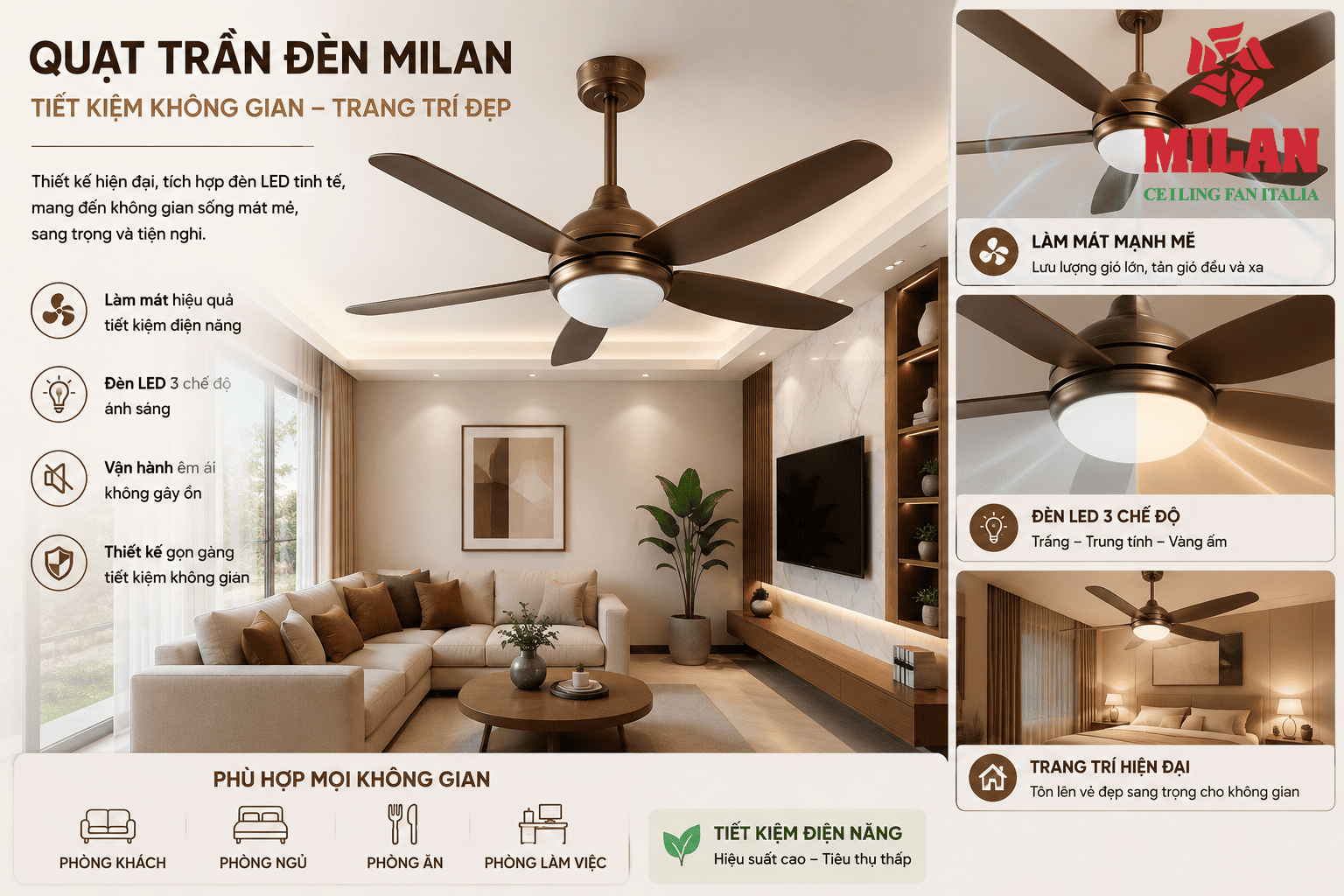 Quạt Trần Cao Cấp Trang Trí Phòng Ngủ, Phòng Khách, Phòng Bếp 4 Quạt Trần Nhập Khẩu Italia Đẹp, Sang Trọng, Tiết Kiệm Điện