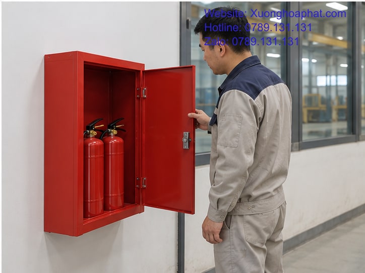Quy Định Lắp Đặt Tủ PCCC: Hồ Sơ Và Vị Trí Cần Rà Soát 5 Nhân viên kiểm tra bản lề và cánh tủ PCCC