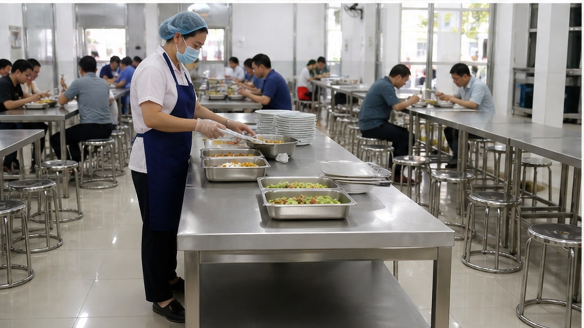 bàn inox công nghiệp trong quán ăn và căn tin sạch sẽ