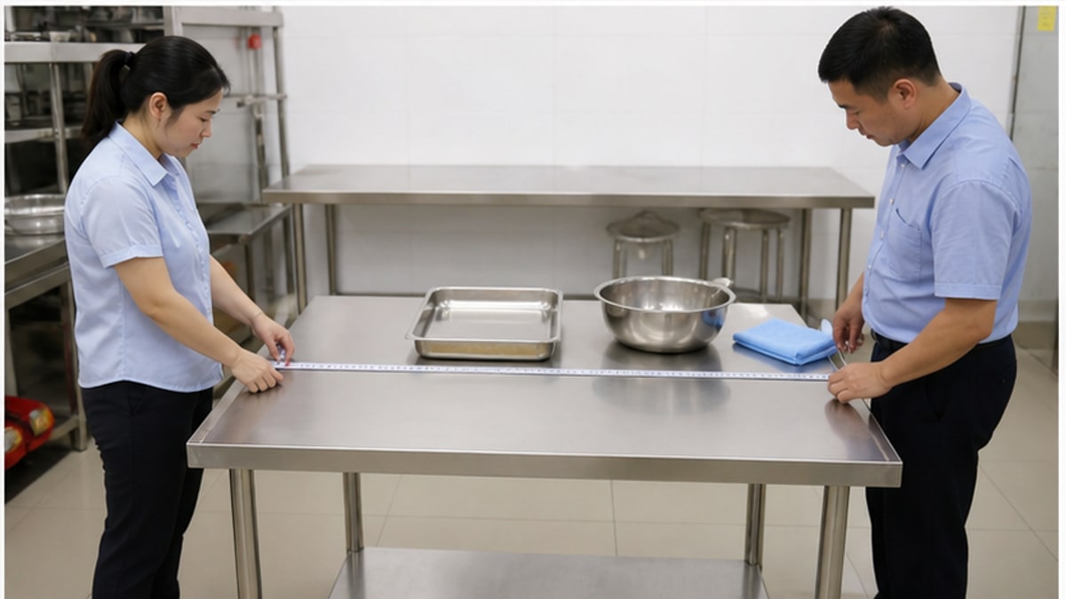 kiểm tra bàn inox hoàn thiện sau khi sản xuất bàn inox