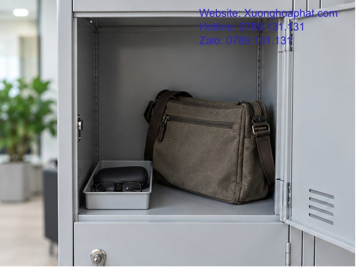 Sắp Xếp Đồ Trong Tủ Locker Theo Thứ Tự Lấy Và Cất Hằng Ngày 2 Sắp xếp đồ trong tủ locker với túi và khay vật nhỏ tách nhau.