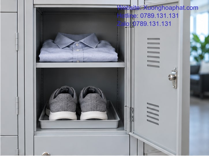 Sắp Xếp Đồ Trong Tủ Locker Theo Thứ Tự Lấy Và Cất Hằng Ngày 3 Khay giày tách khỏi áo sạch bên trong ngăn locker.
