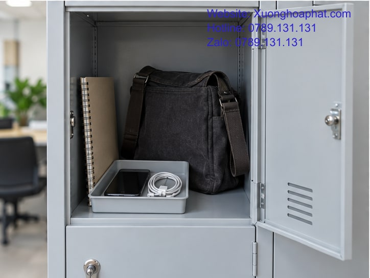Sắp Xếp Đồ Trong Tủ Locker Theo Thứ Tự Lấy Và Cất Hằng Ngày 4 Khay điện thoại và dây sạc rời trong tủ locker.
