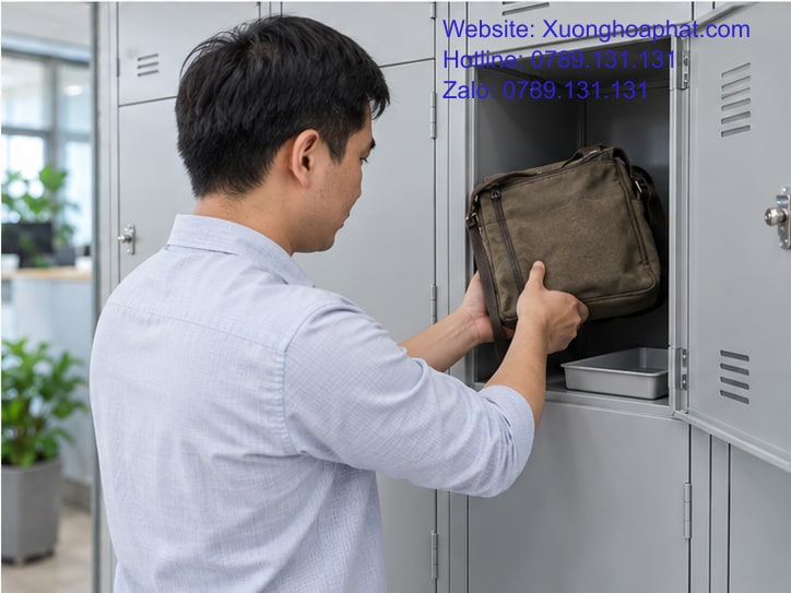 Sắp Xếp Đồ Trong Tủ Locker Theo Thứ Tự Lấy Và Cất Hằng Ngày 5 Người dùng thử lấy túi sau khi sắp xếp đồ trong tủ locker.