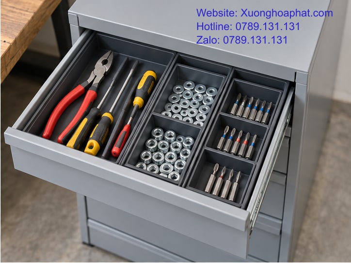 Sắp Xếp Đồ Trong Tủ Ngăn Kéo Để Lấy Dễ, Trả Đúng Chỗ 3 Khay linh kiện nhỏ chia ô trong lòng ngăn kéo sắt.