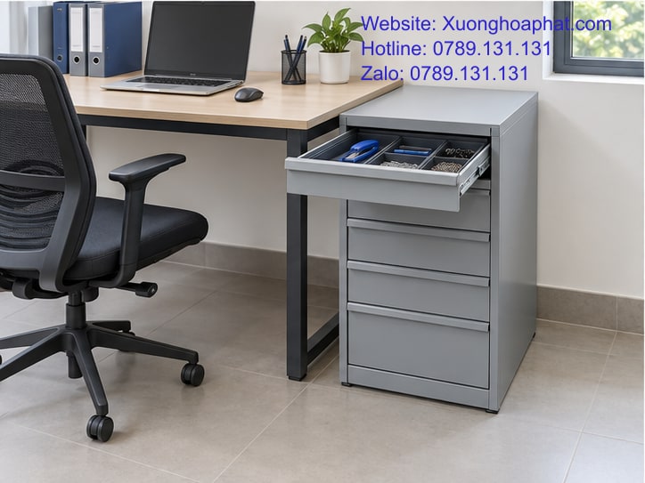 Sắp Xếp Đồ Trong Tủ Ngăn Kéo Để Lấy Dễ, Trả Đúng Chỗ 4 Tủ ngăn kéo sắt cạnh bàn với văn phòng phẩm chia khay.