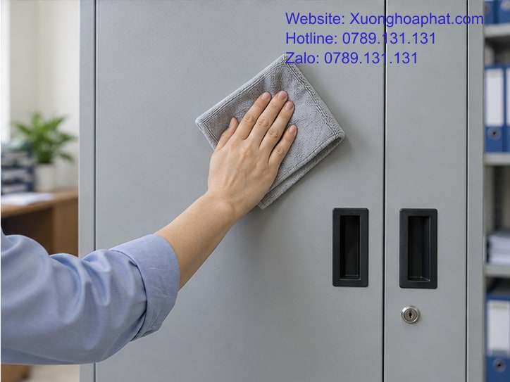 Lau bề mặt tủ sắt sơn tĩnh điện bằng khăn mềm