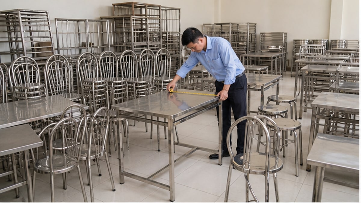 Kiểm tra thanh lý bàn ghế inox trong kho sạch