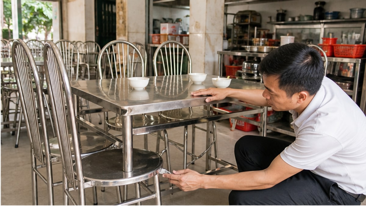 Người mua kiểm tra bộ bàn ghế inox cũ trong quán ăn