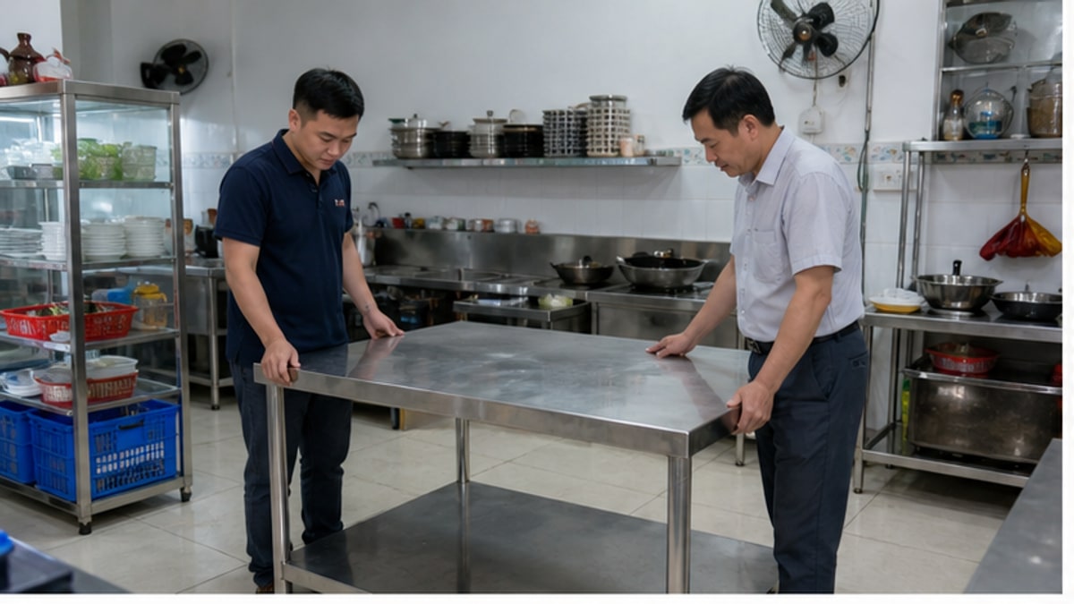 Kiểm tra thanh lý bàn inox cũ tphcm tại khu bếp quán ăn