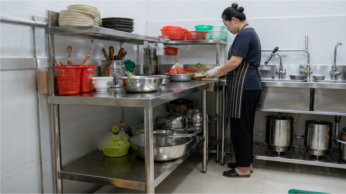 Bố trí bàn inox cũ trong bếp quán ăn gọn sạch
