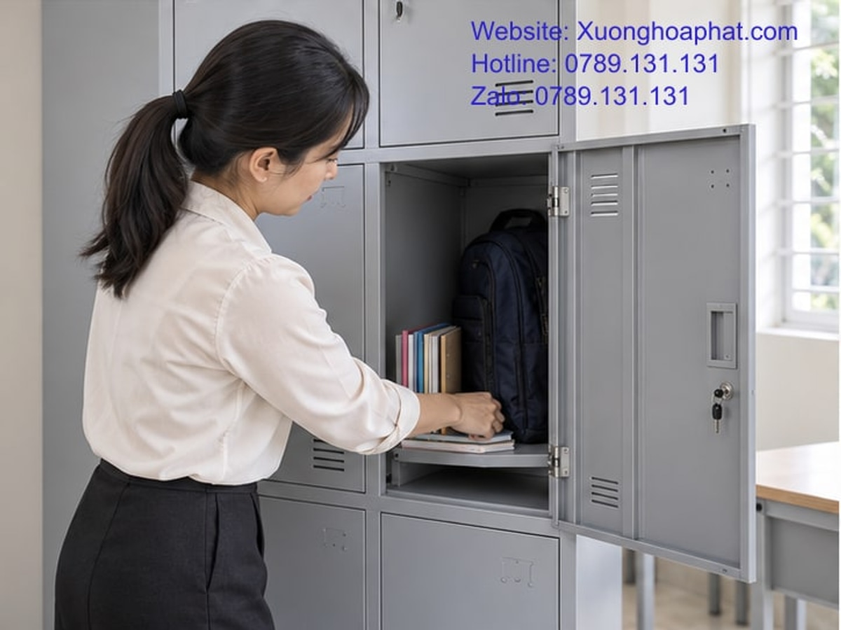 Tiêu Chí Chọn Tủ Sắt Học Sinh: Ưu Tiên Gì Khi Duyệt Mẫu? 4 Giáo viên kiểm tra ngăn chứa sách trong tủ học sinh