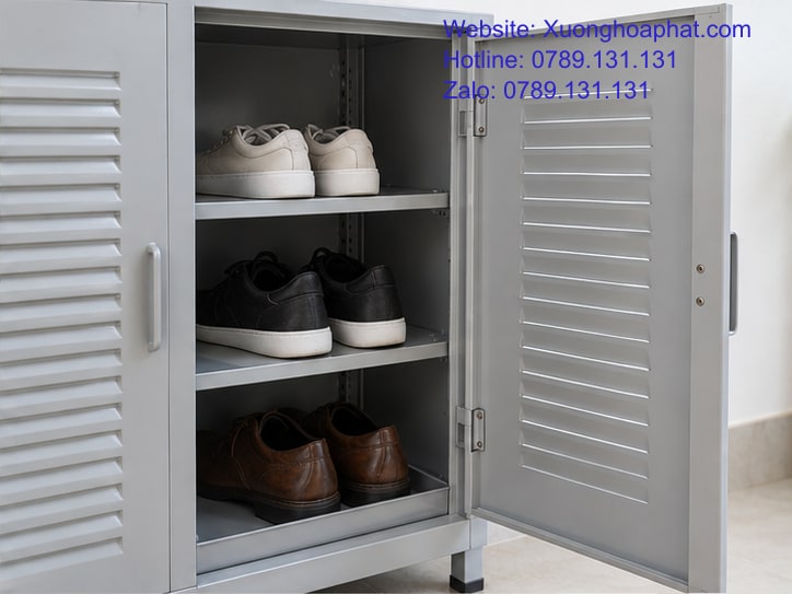Tủ Để Giày Sắt Chống Ẩm: Hiểu Đúng Trước Những Ngày Mưa 3 Khe thoáng trên cánh tủ sắt và giày đặt cách nhau trong ngăn
