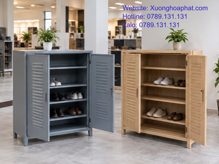 Tủ Để Giày Sắt Hay Gỗ: So Theo Chỗ Đặt Và Việc Lau Dọn 2 So sánh tủ để giày sắt hay gỗ qua hai mẫu trưng bày