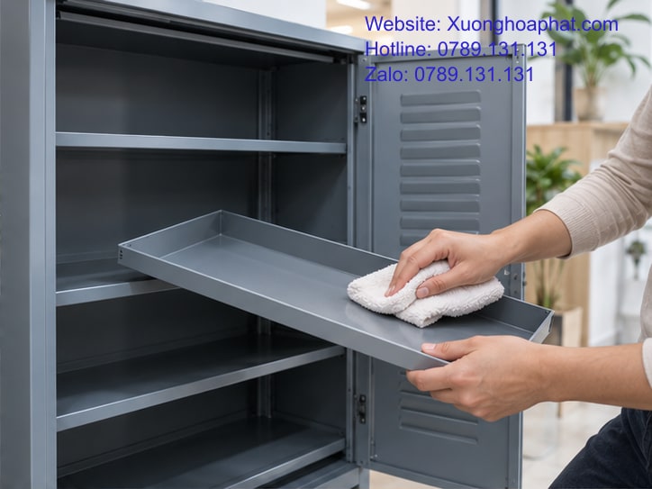 Tủ Để Giày Sắt Hay Gỗ: So Theo Chỗ Đặt Và Việc Lau Dọn 3 Tủ giày sắt mở cửa để kiểm tra khay và góc vệ sinh