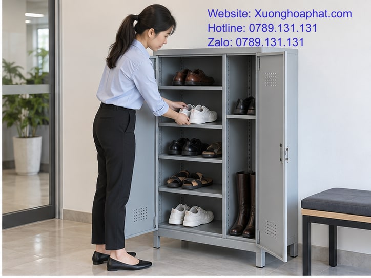 Tủ Để Giày Sắt Nhiều Tầng: Chia Khoảng Theo Tầm Với 3 Người dùng lấy giày ở tầng vừa tầm tay của tủ sắt