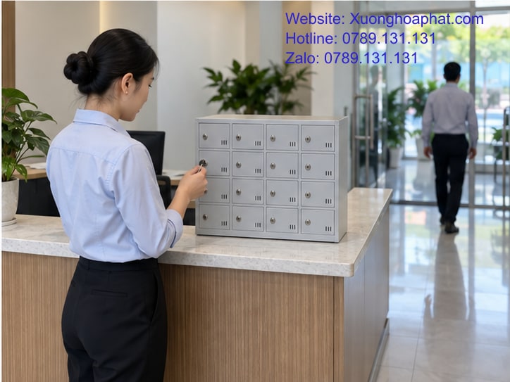Bố trí tủ đựng điện thoại cạnh quầy với khoảng đứng lấy máy