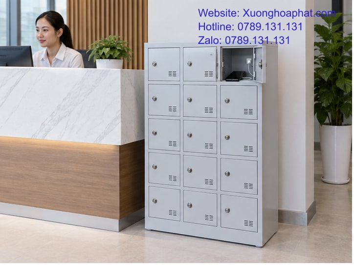 Tủ Đựng Điện Thoại Có Sạc: Chốt Tiện Ích Theo Ca Dùng 2 Tủ đựng điện thoại có sạc cạnh quầy tiếp nhận văn phòng