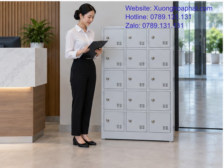 Tủ Đựng Điện Thoại Có Sạc: Chốt Tiện Ích Theo Ca Dùng 4 Nhân viên quản lý điểm gửi điện thoại tại văn phòng