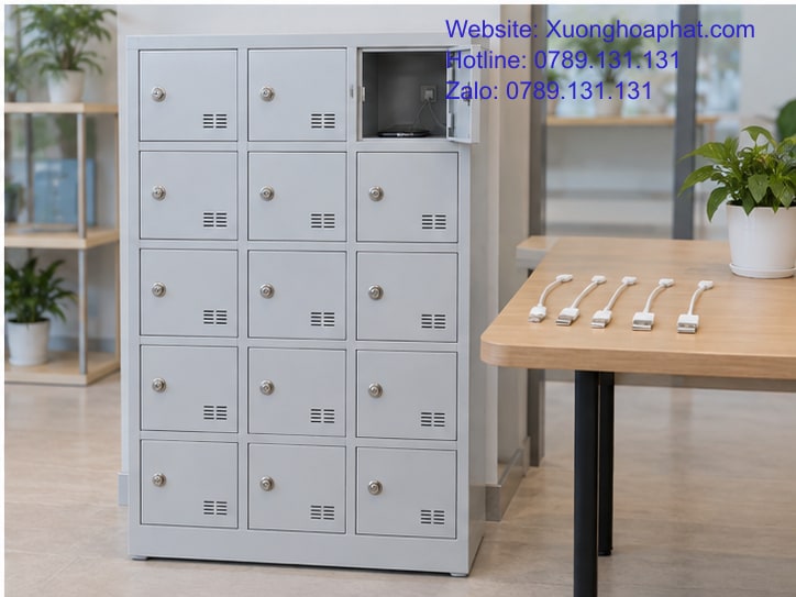 Tủ Đựng Điện Thoại Có Sạc: Chốt Tiện Ích Theo Ca Dùng 5 Đối chiếu dây sạc và ngăn tủ điện thoại khi tiếp nhận