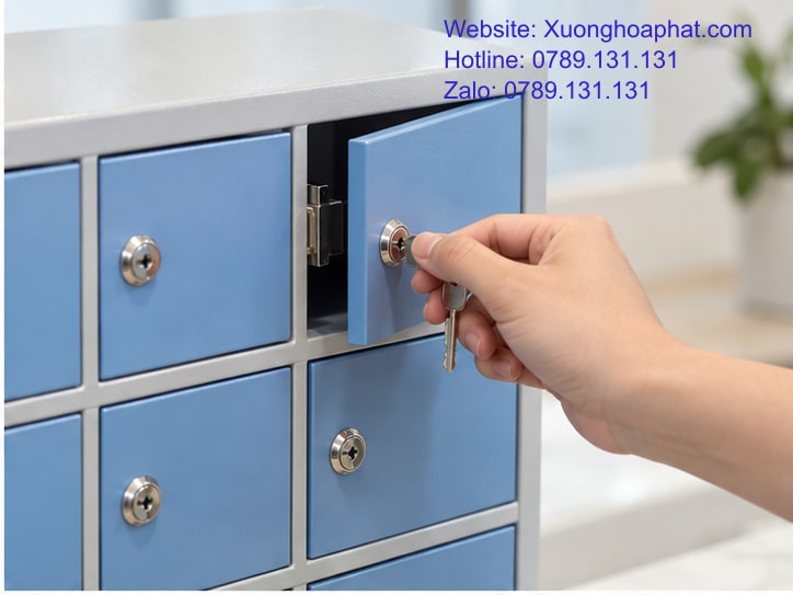 Tủ Đựng Điện Thoại Khóa Riêng: AI Giữ Chìa, AI Được Mở? 3 Cận cảnh ổ khóa riêng và chốt cửa ngăn điện thoại