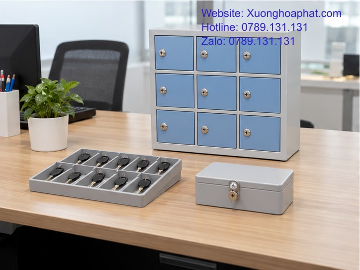 Tủ Đựng Điện Thoại Khóa Riêng: AI Giữ Chìa, AI Được Mở? 4 Khay chìa cá nhân và hộp cất chìa dự phòng bên tủ