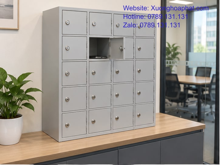 Tủ đựng điện thoại nhiều khoang nhỏ đặt cạnh phòng họp