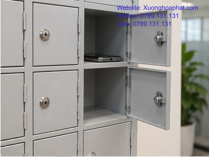 Cấu tạo ngăn tủ điện thoại với cánh mở và vách chia kim loại